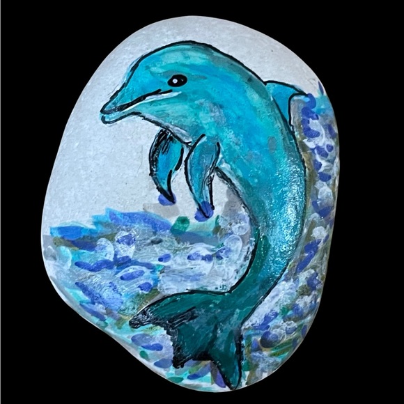 Hand crafted painted dolphin porpoise rock blue white background ocean waves - Picture 4 of 9